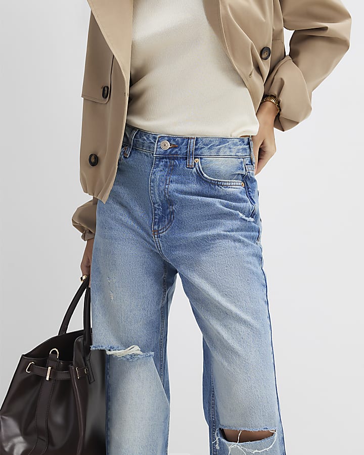 blu strappato relaxed straight jeans