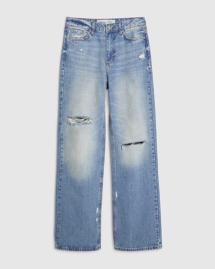 blu strappato relaxed straight jeans