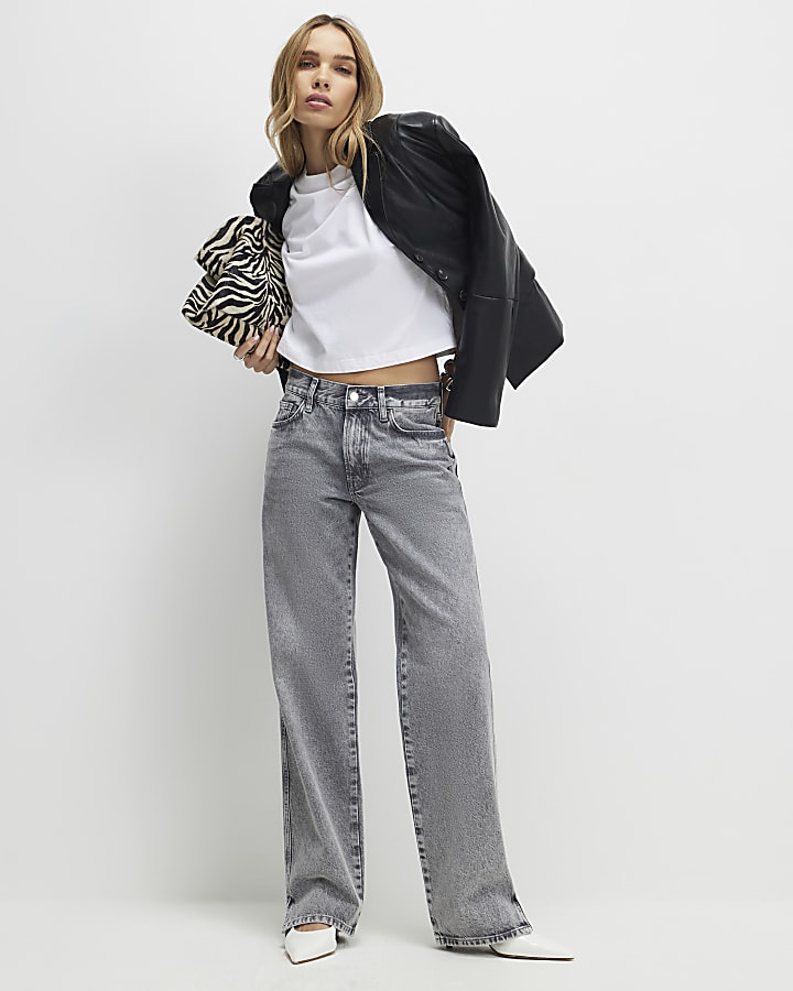 grigio split orlo gamba dritta jeans