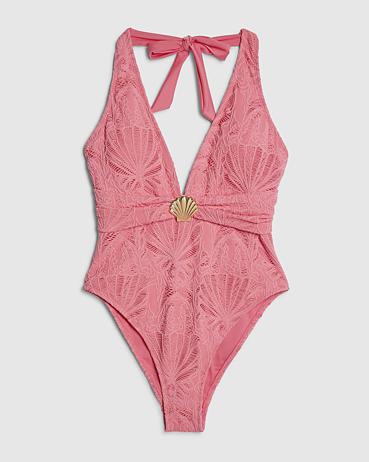 rosa texture shell trim costume da bagno