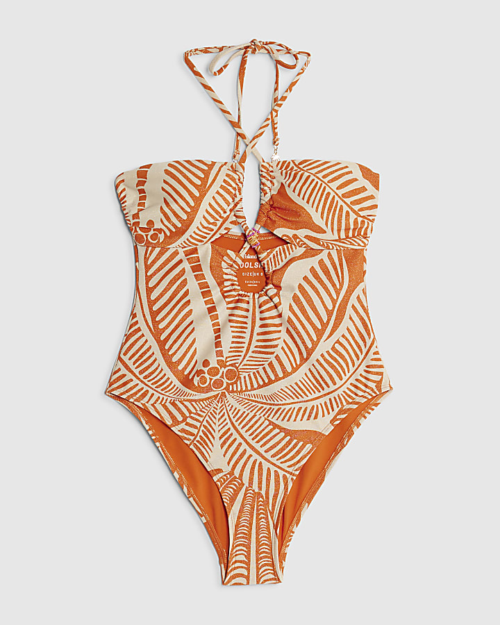 arancione metallizzato palm print costume da bagno