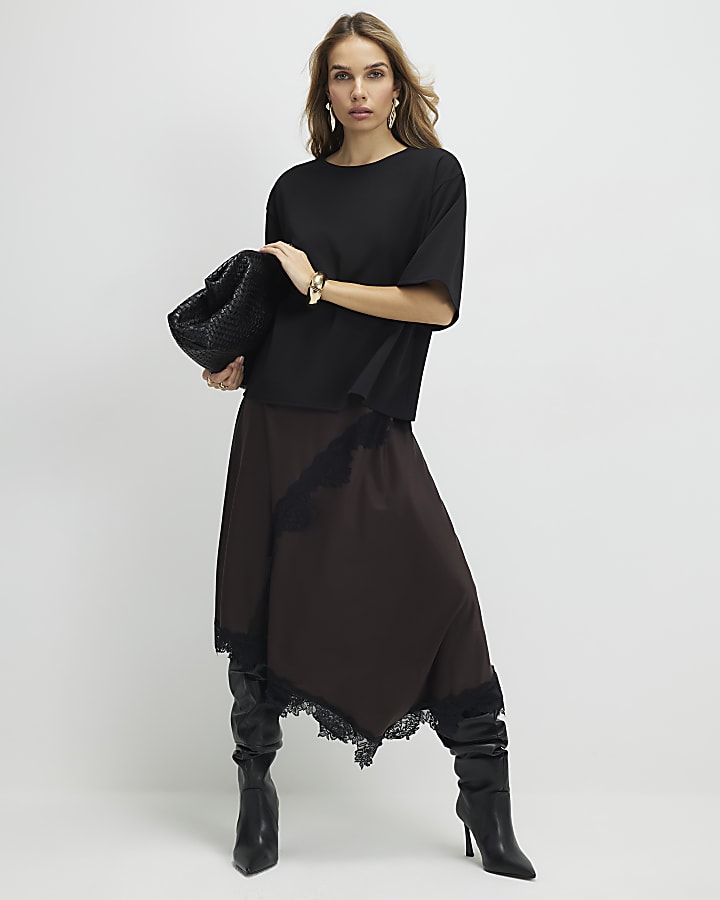 marrone pizzo hybrid t-shirt maxi dress
