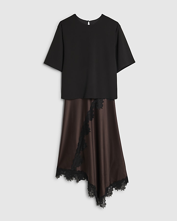 marrone pizzo hybrid t-shirt maxi dress
