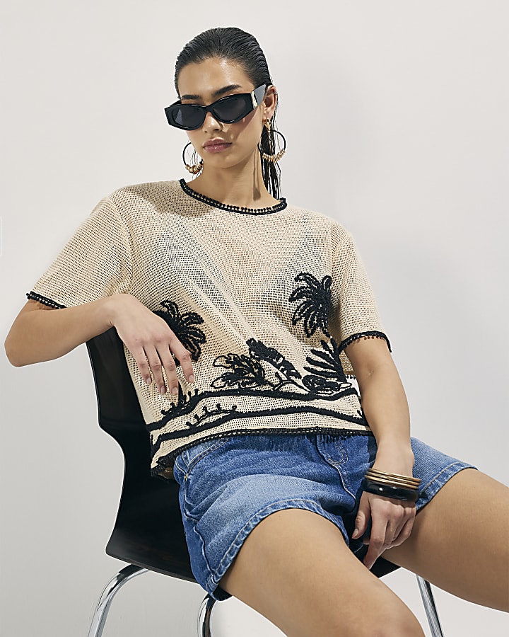 crema uncinetto palm print top ampio