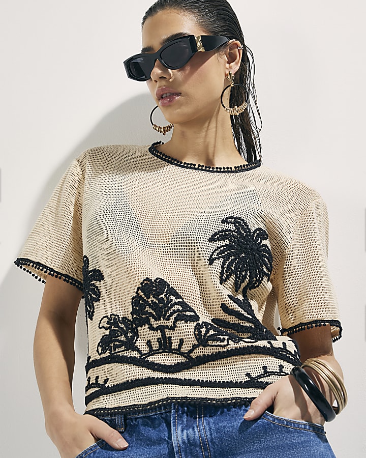 crema uncinetto palm print top ampio