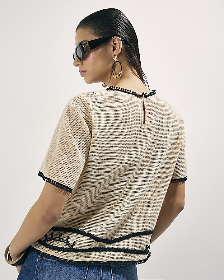 crema uncinetto palm print top ampio