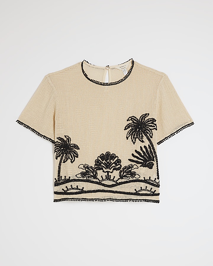 crema uncinetto palm print top ampio
