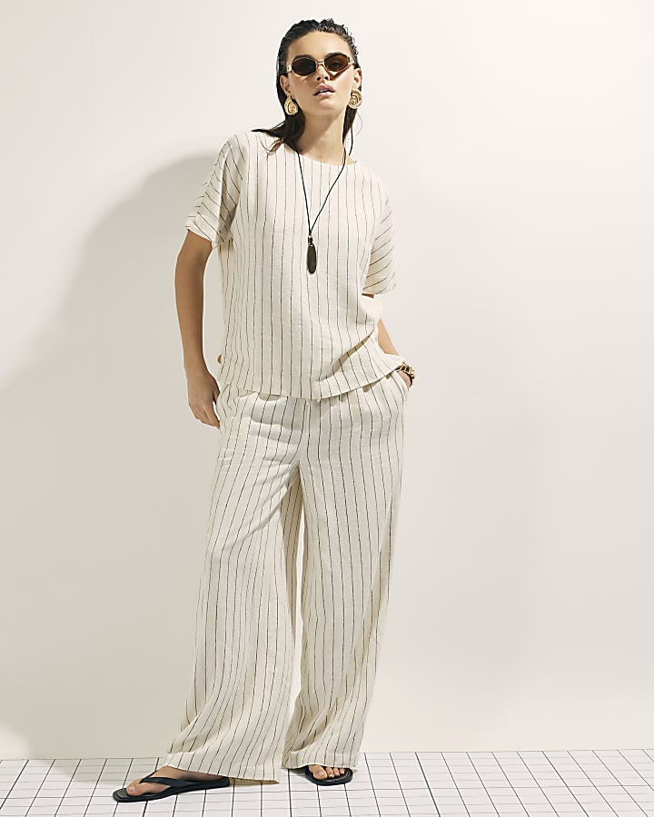 crema a strisce di lino t-shirt