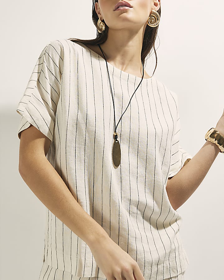 crema a strisce di lino t-shirt