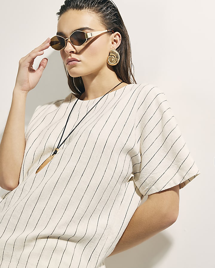 crema a strisce di lino t-shirt