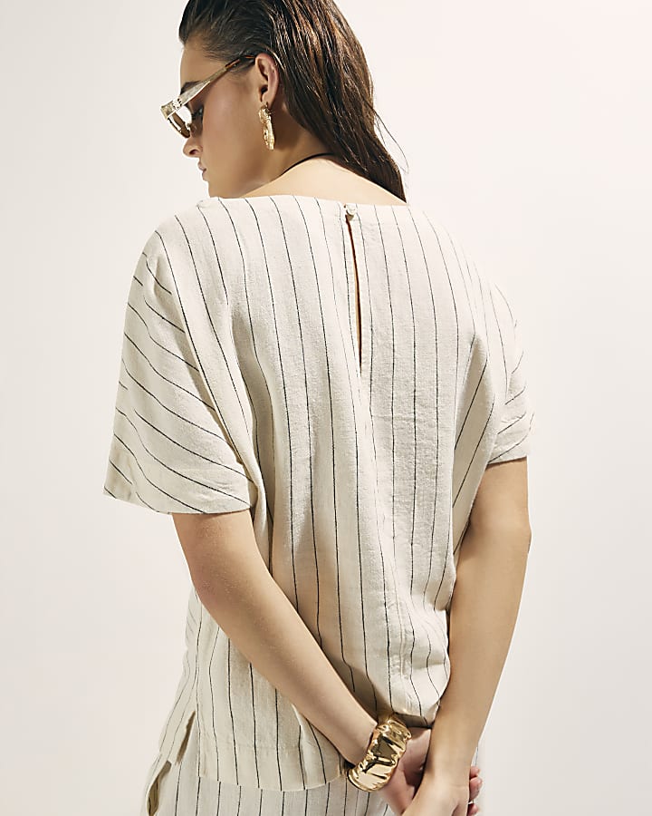 crema a strisce di lino t-shirt