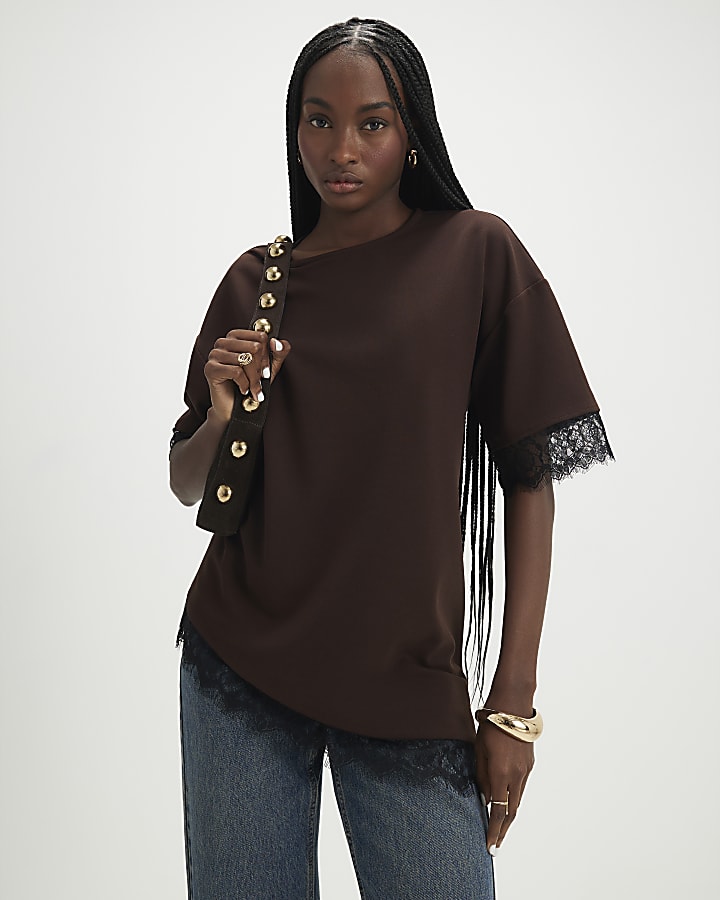 marrone manica corta in pizzo asimmetrica top