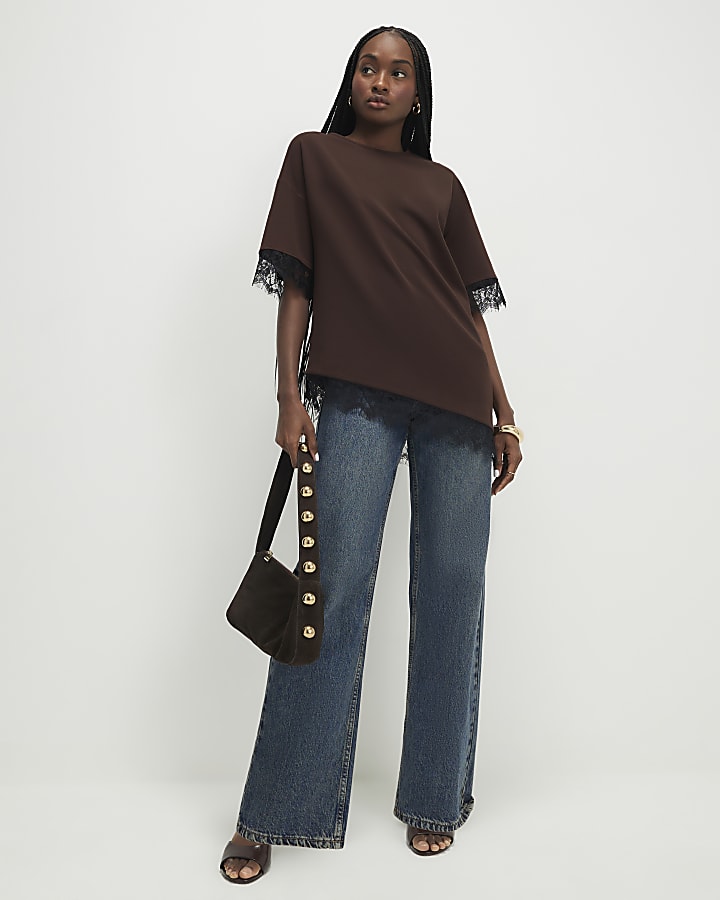 marrone manica corta in pizzo asimmetrica top