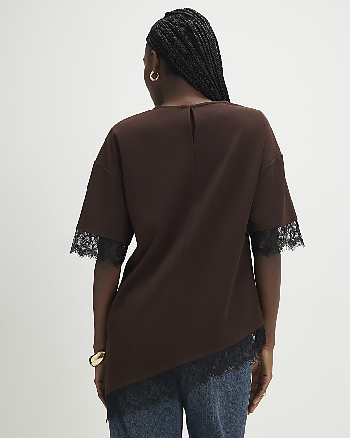 marrone manica corta in pizzo asimmetrica top