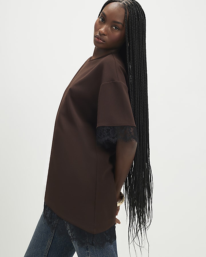 marrone manica corta in pizzo asimmetrica top