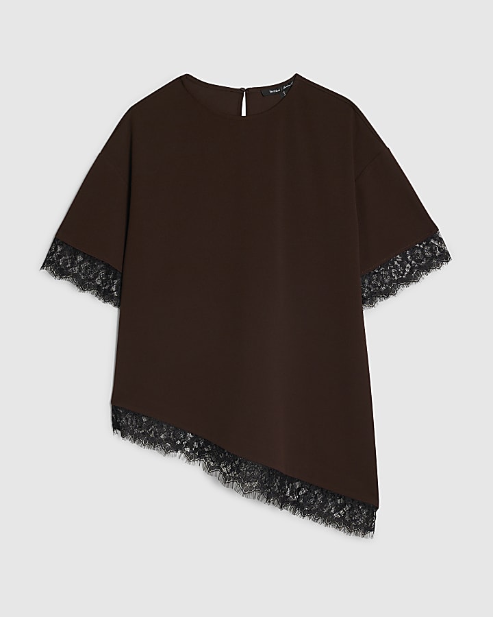 marrone manica corta in pizzo asimmetrica top