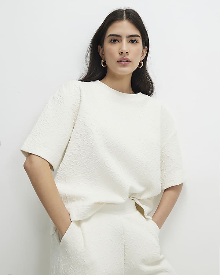 petite crema manica corta in jacquard t-shirt