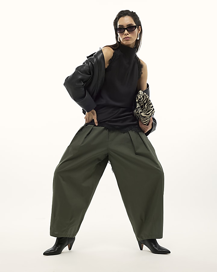khaki popeline barile pantaloni a gamba