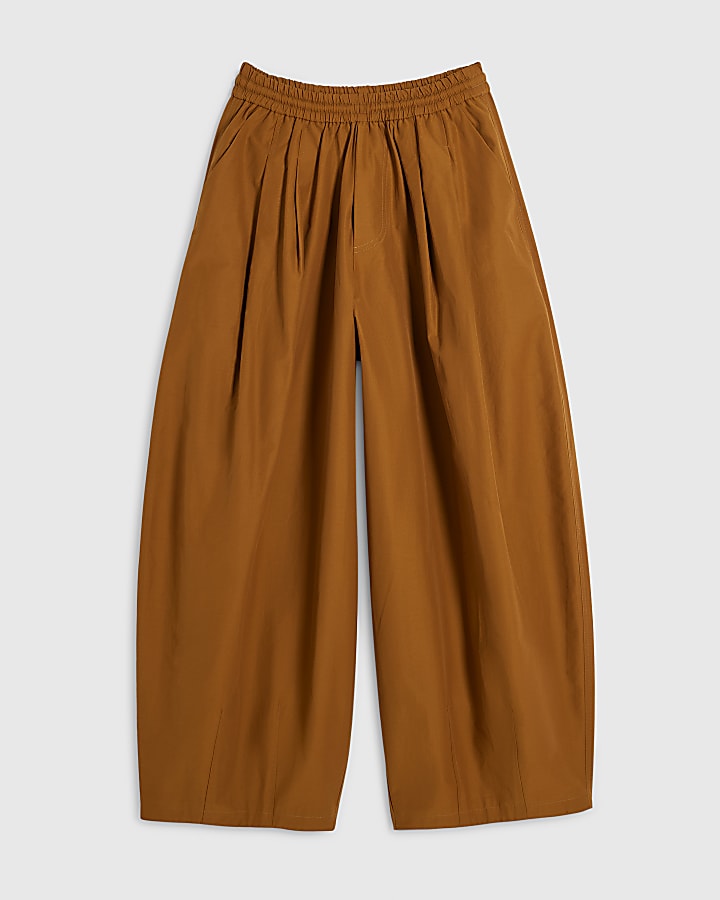marrone in popeline di cotone barile pantaloni a gamba