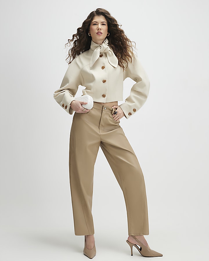 beige in ecopelle barile pantaloni a gamba