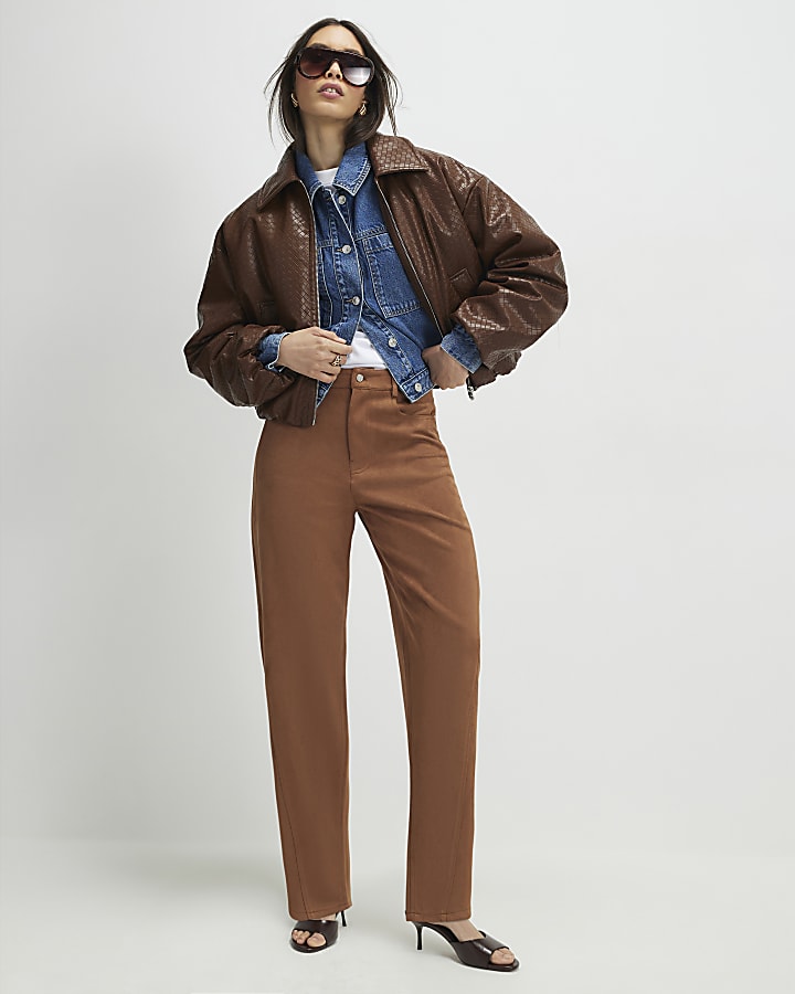 marrone finto camoscio barile pantaloni a gamba