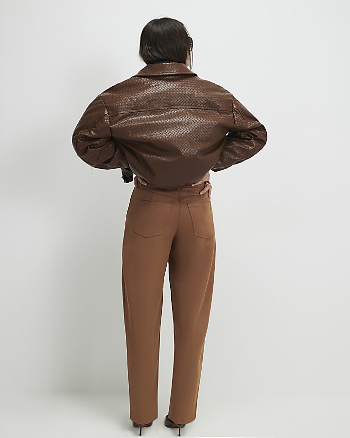 marrone finto camoscio barile pantaloni a gamba