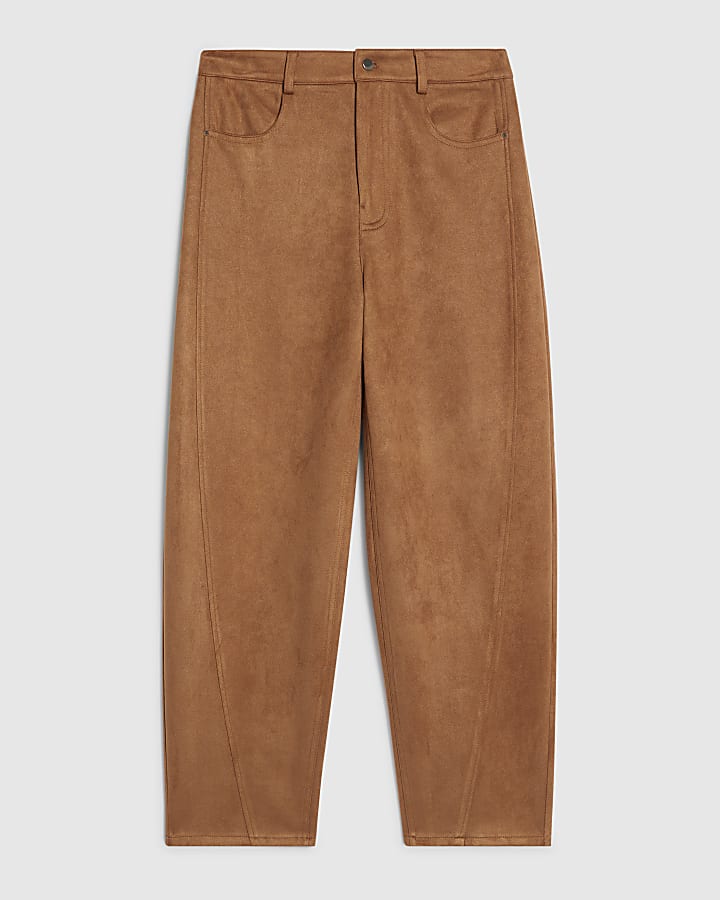 marrone finto camoscio barile pantaloni a gamba