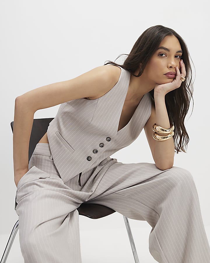 smanicato grigio gessato gilet ritagliata
