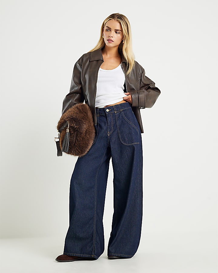 indigo blu larghi a vita alta jeans a gamba larga