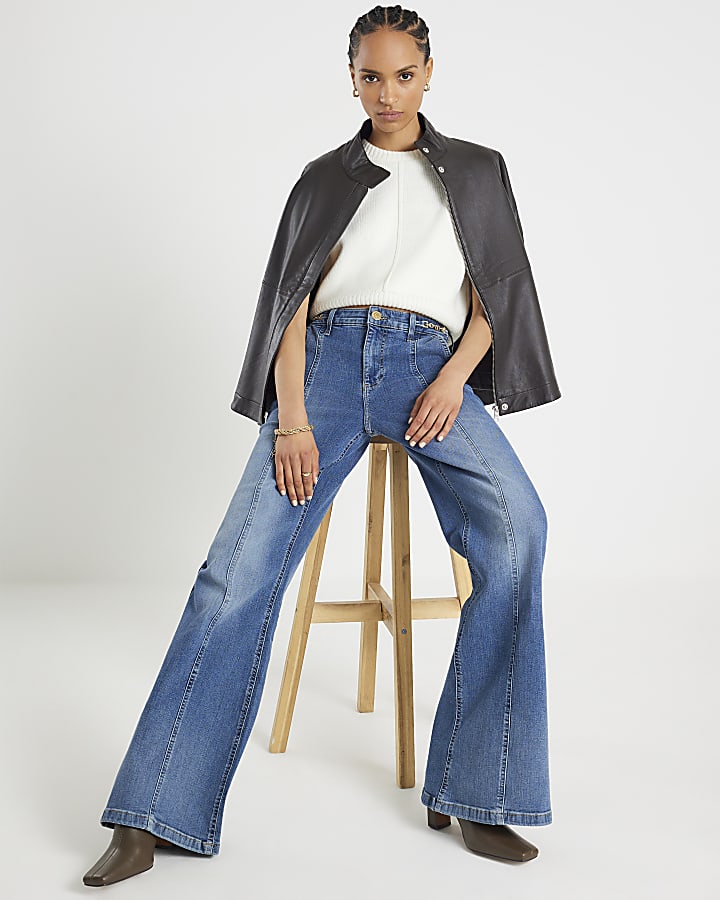blu a vita alta gamba larga filetto jeans