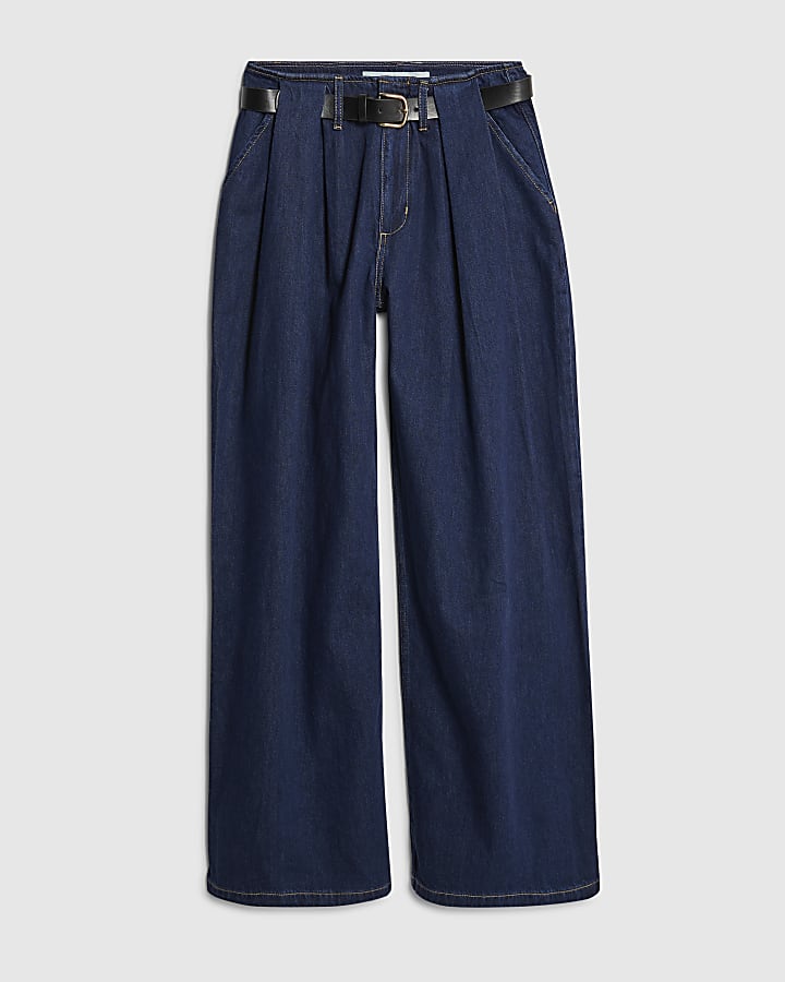 blu con cintura pieghe jeans a gamba larga