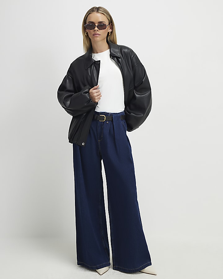 petite blu con cintura pieghe jeans a gamba larga