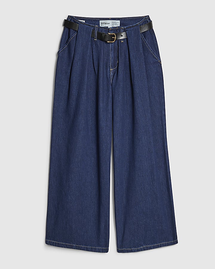 petite blu con cintura pieghe jeans a gamba larga