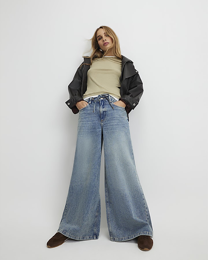 blu coulisse jeans a gamba larga