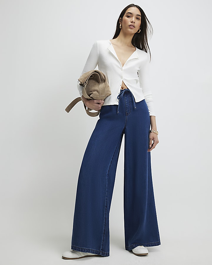 blu a vita alta vita con coulisse di jeans a gamba larga