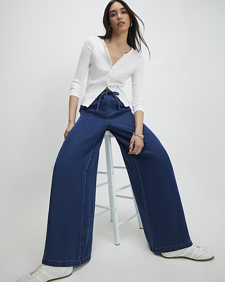 blu a vita alta vita con coulisse di jeans a gamba larga