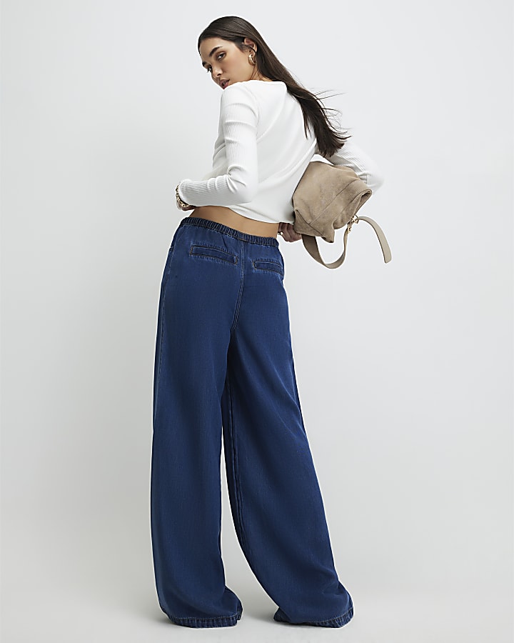 blu a vita alta vita con coulisse di jeans a gamba larga