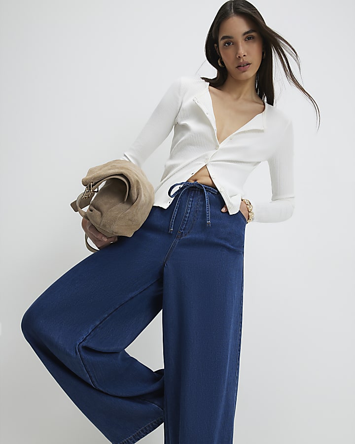 blu a vita alta vita con coulisse di jeans a gamba larga