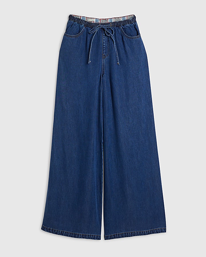 blu a vita alta vita con coulisse di jeans a gamba larga