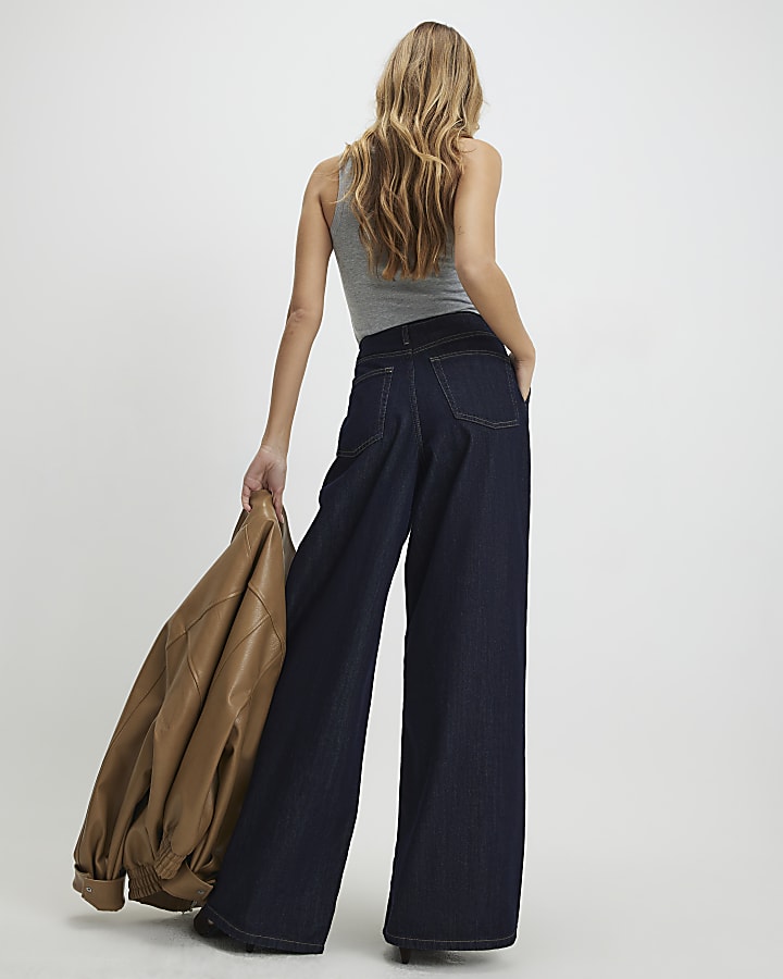 blu raw cintura jeans a gamba larga