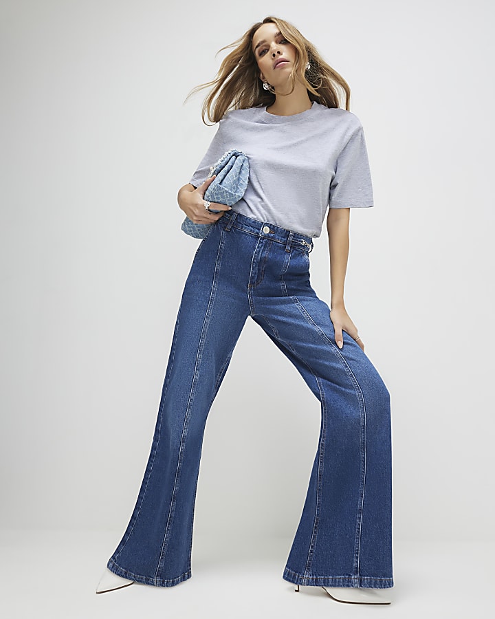 blu a vita alta gamba larga filetto jeans