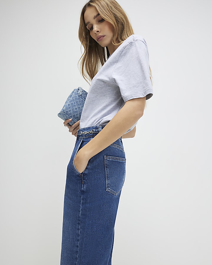 blu a vita alta gamba larga filetto jeans