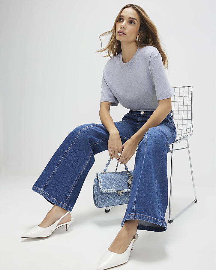 blu a vita alta gamba larga filetto jeans