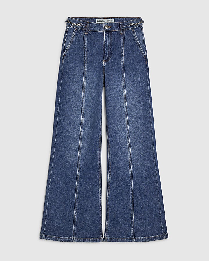 blu a vita alta gamba larga filetto jeans