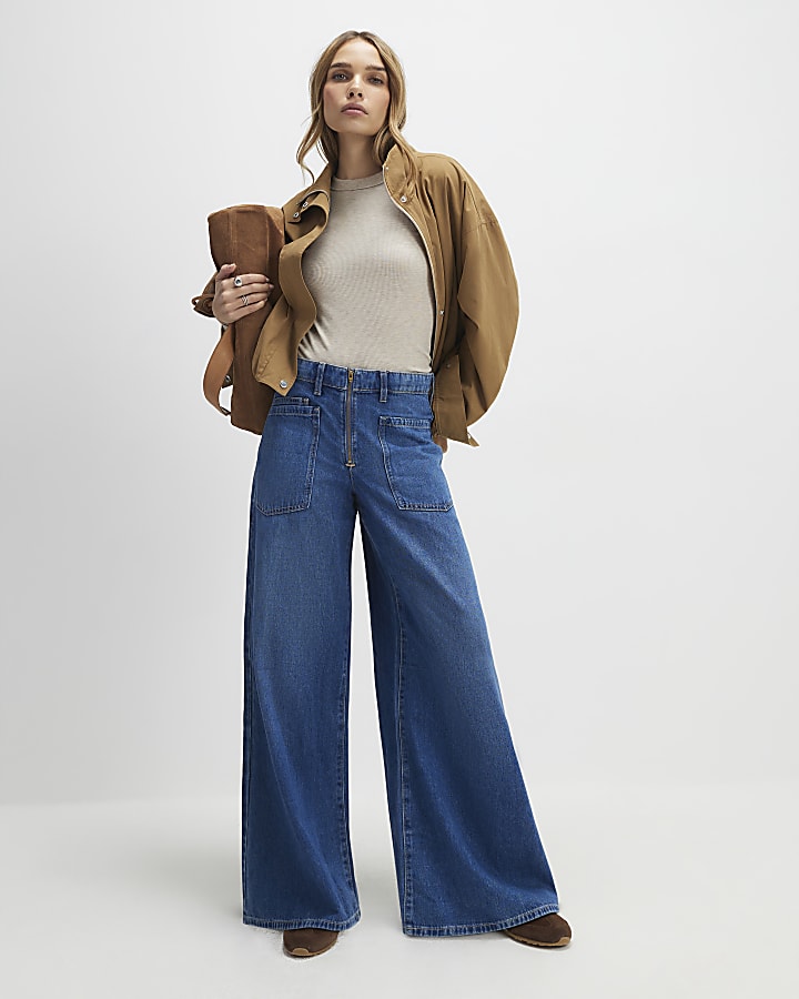 blu a vita alta zip frontale jeans a gamba larga