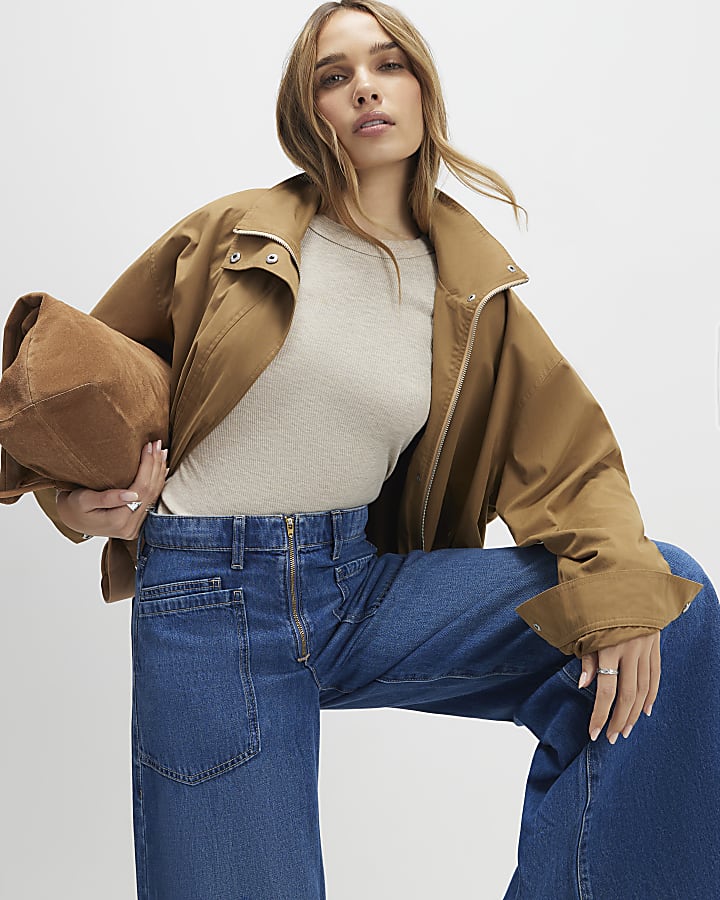 blu a vita alta zip frontale jeans a gamba larga