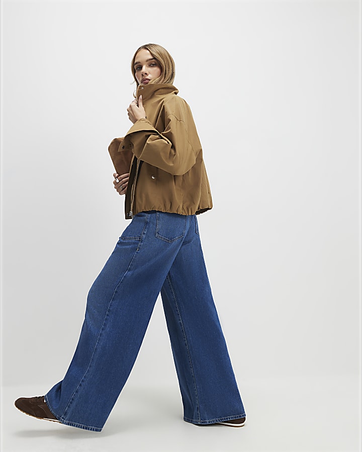 blu a vita alta zip frontale jeans a gamba larga