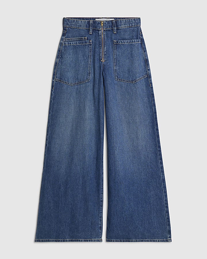 blu a vita alta zip frontale jeans a gamba larga