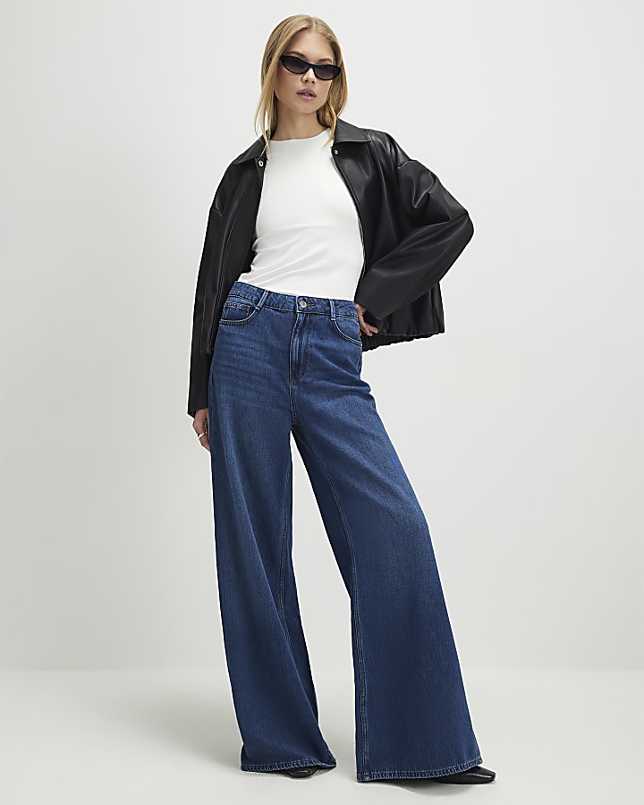 blu a vita alta vita morbida jeans a gamba larga
