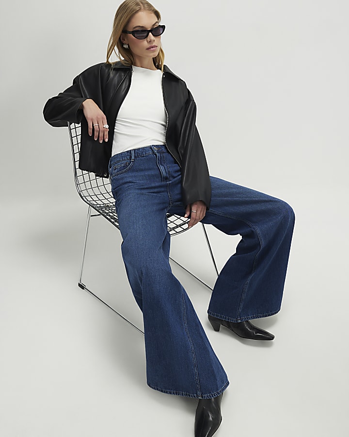 blu a vita alta vita morbida jeans a gamba larga